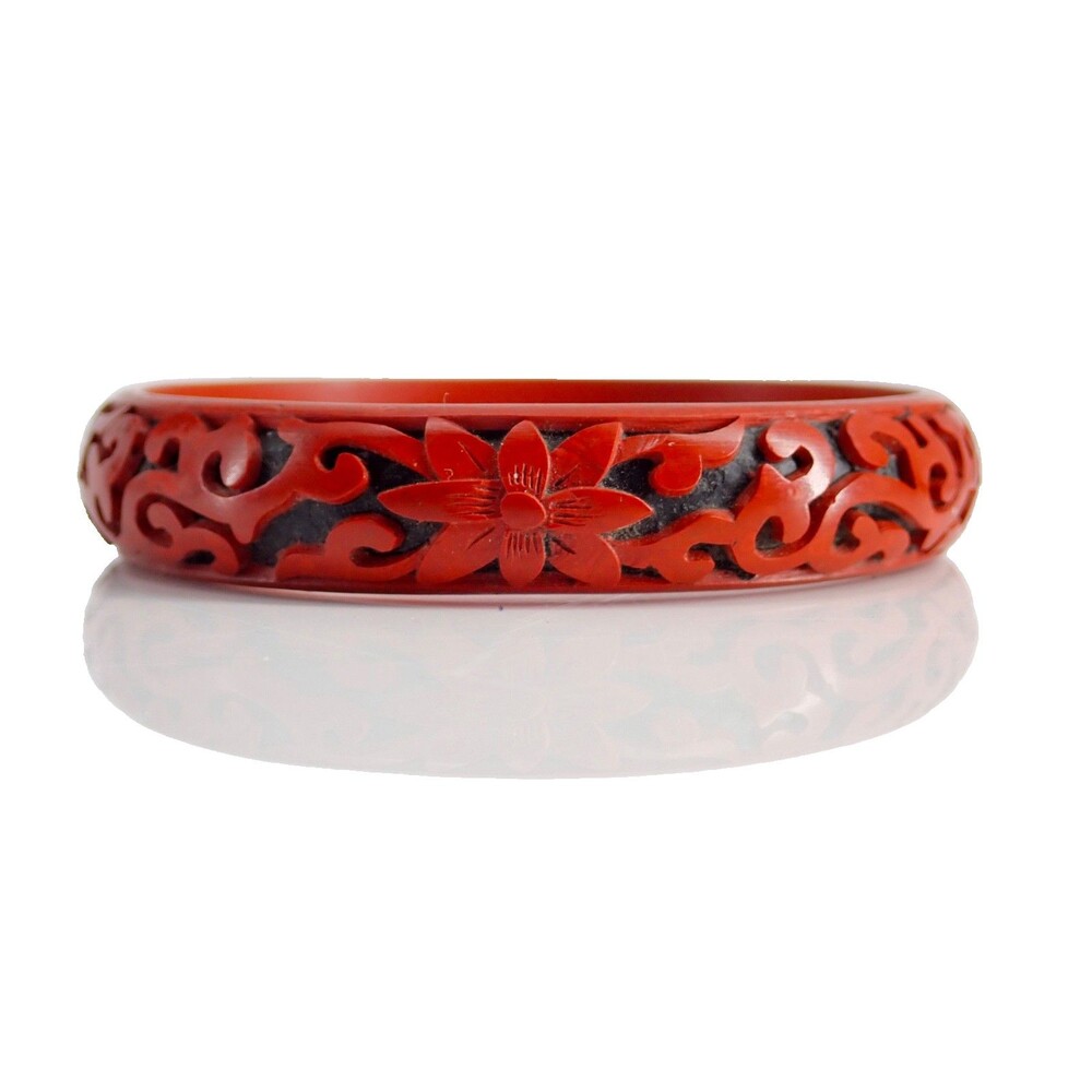 Vintage Chinese Cinnabar Carved Flower Engraved Bangle Bracelet Red & Black 3"